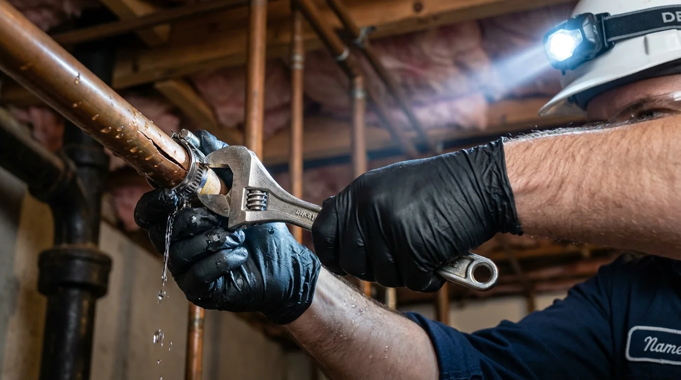 Emergency pipe clamp repair being performed by a Johns Plumbing LLC plumber in Nelson